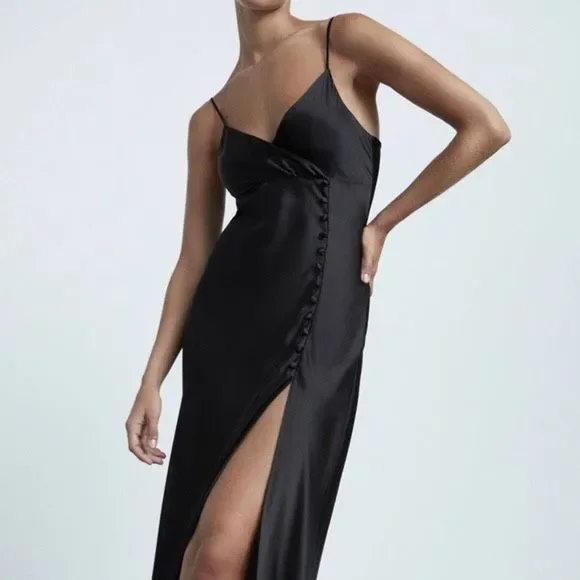ZARA Black Satin Maxi Dress With Buttons Size S